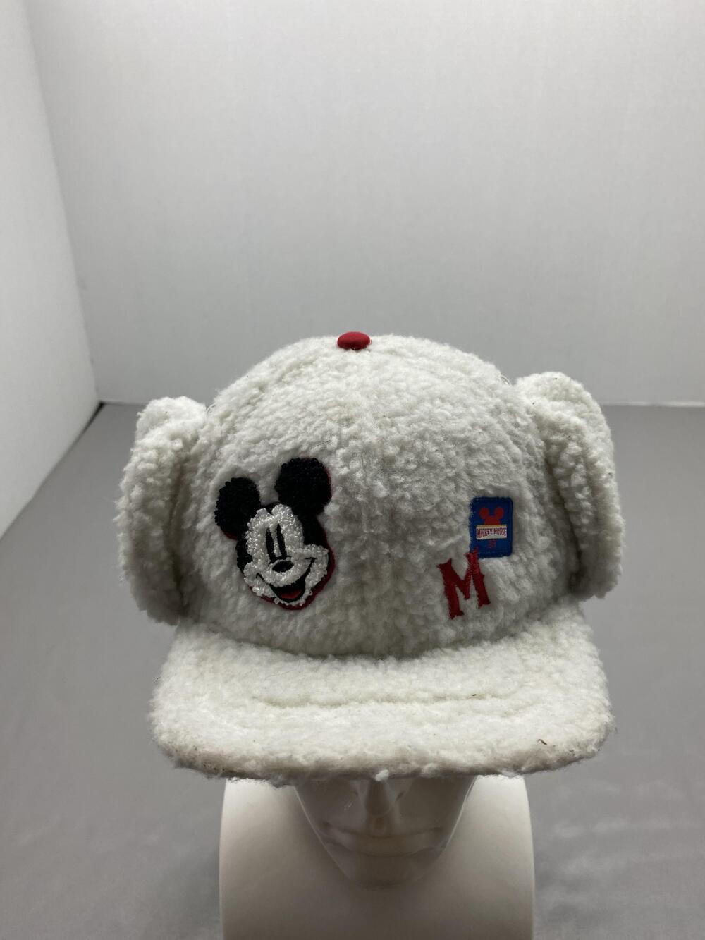 Disney Hat Cap Snap Back One Size White Mickey Mouse Ear Flap Fleece Kids